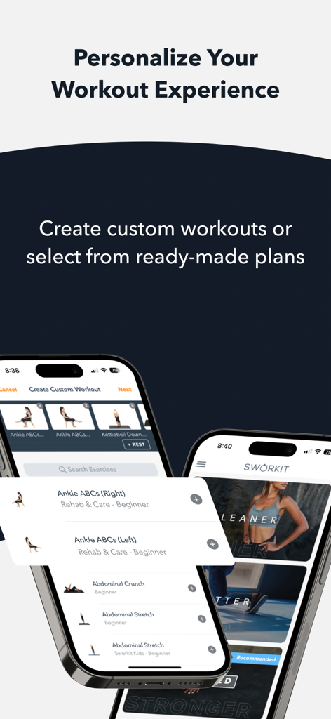 Sworkit app interface showing custom workout creation and personalized fitness plans.
