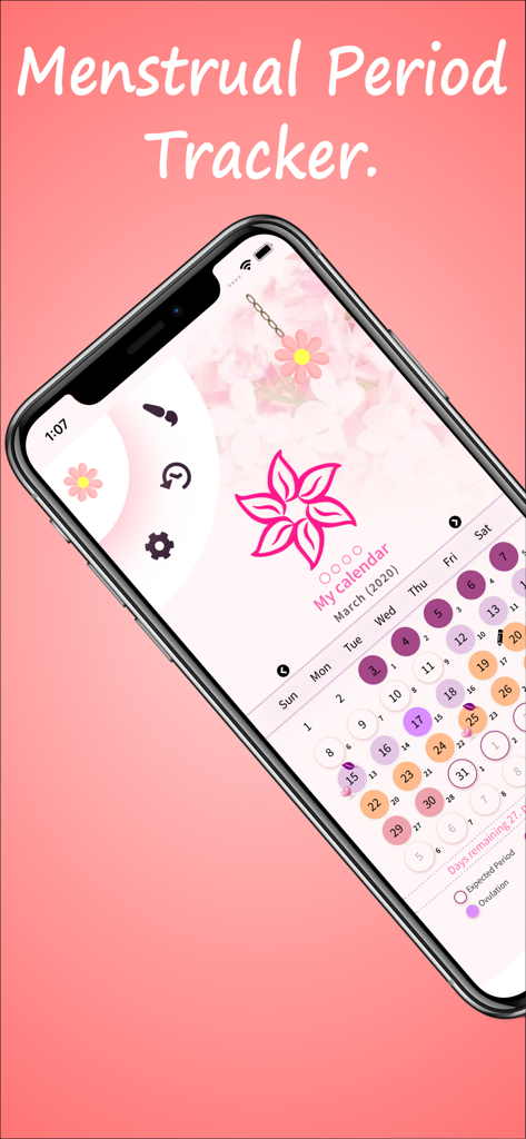 Calendário do Ciclo Menstrual - Smartphone screen showing a menstrual cycle calendar with a pink floral design