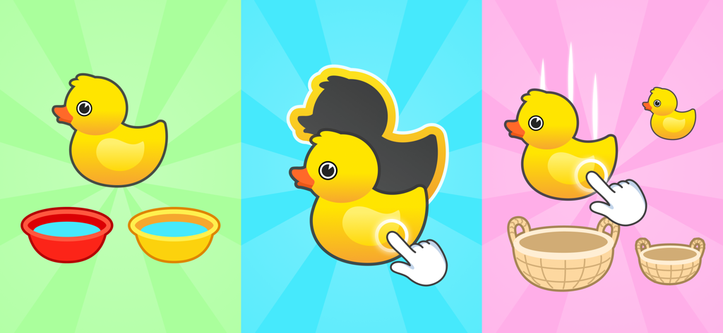 幼児向けの教育的なミニゲーム。黄色のアヒルがおもちゃの箱に分類され、影に合わせられている様子。