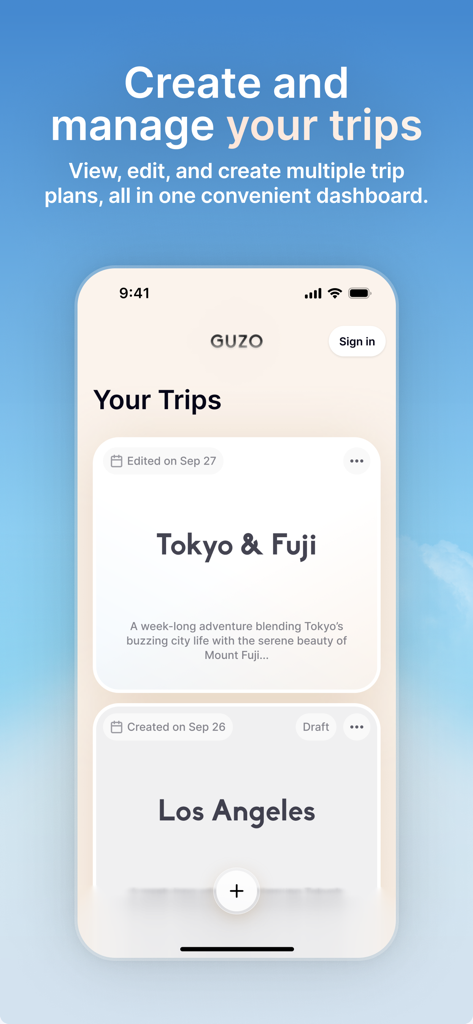 Guzo - Guzo mobile app dashboard for creating and managing multiple trip itineraries.