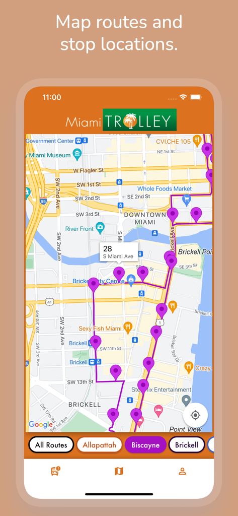 Miami Trolley Tracker - Map view of the Miami Trolley Tracker app showing routes and stops in the Brickell area