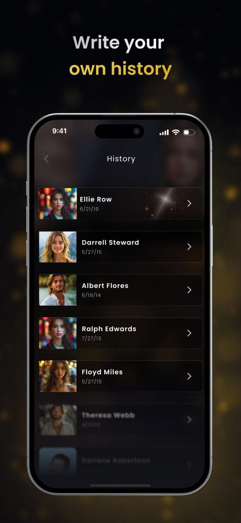 Chat with AI Friend - Chatbot - A mobile phone screen showing a list of saved chat conversations with different AI characters in the Chat with AI Friend app.