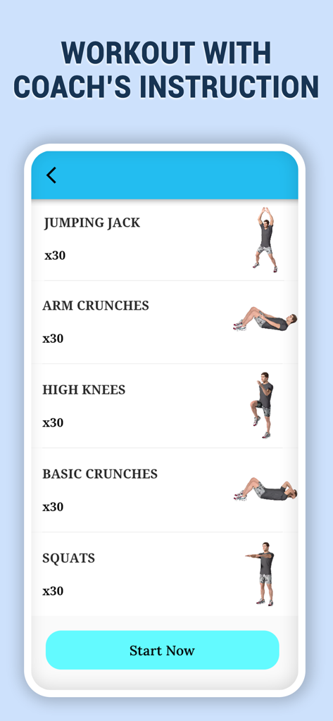 Chest Workout for Men at Home - Interfaz de una aplicación móvil que muestra una lista de ejercicios en casa que incluyen saltos, abdominales y sentadillas con un botón de inicio