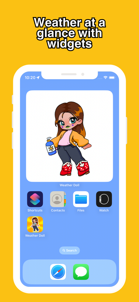 Weather Doll - Widget de Weather Doll en la pantalla de inicio de un iPhone mostrando un personaje con protector solar