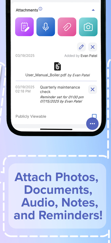Scanlily: Organize with AI - Scanlily app interface showing options to attach photos, documents, audio, notes, and reminders to inventory items.
