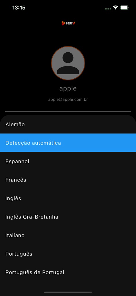 RBTV - Schermata del profilo utente dell'app RBTV che mostra un elenco di opzioni di selezione della lingua in portoghese, inclusa la rilevazione automatica e varie lingue europee.