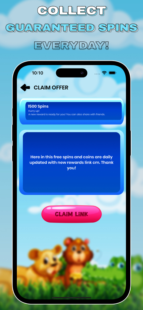 Mobile app interface displaying a 1500 free spins offer with a pink claim link button