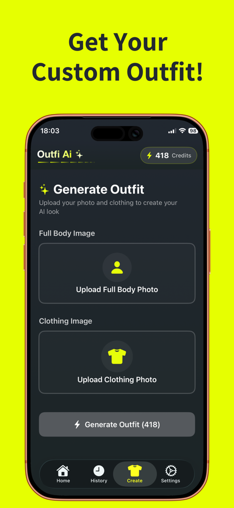 AI Clothes Changer: Outfi AI - 전신 사진과 의류 사진을 업로드하여 맞춤 의상을 생성하는 옵션을 보여주는 Outfi AI의 모바일 앱 인터페이스