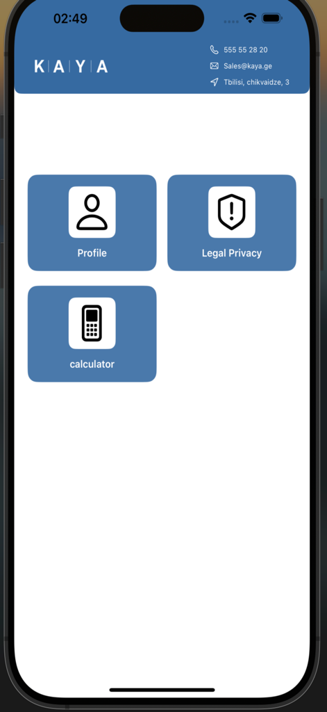 K | A | Y | A - Home screen of the KAYA HVAC utility app showing buttons for profile, legal privacy, and calculator
