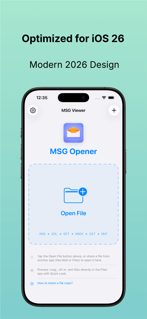 Interfaz de la aplicación MSG Viewer en un iPhone mostrando opciones para abrir formatos de archivo de correo electrónico como MSG EML y MBOX