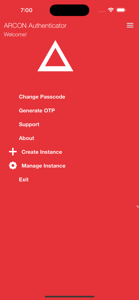 Menu principal de l'application ARCON Authenticator avec des options pour générer des OTP et gérer les instances sur fond rouge