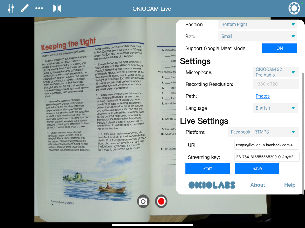 Interface of OKIOCAM Live app on iPad displaying live streaming configuration and recording settings over a document camera view.