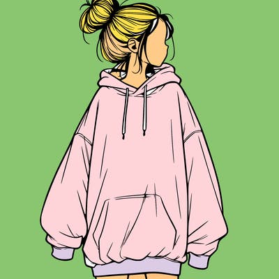 realistic girl with a oversized sweatshirt on and a bun
