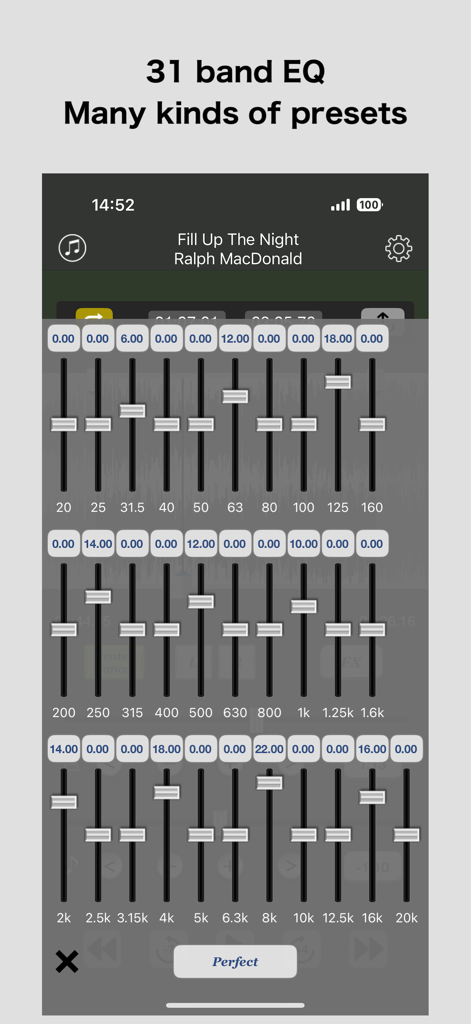 Audio Unit Player - Interfaz profesional de ecualizador de 31 bandas con múltiples deslizadores de frecuencia y preajustes