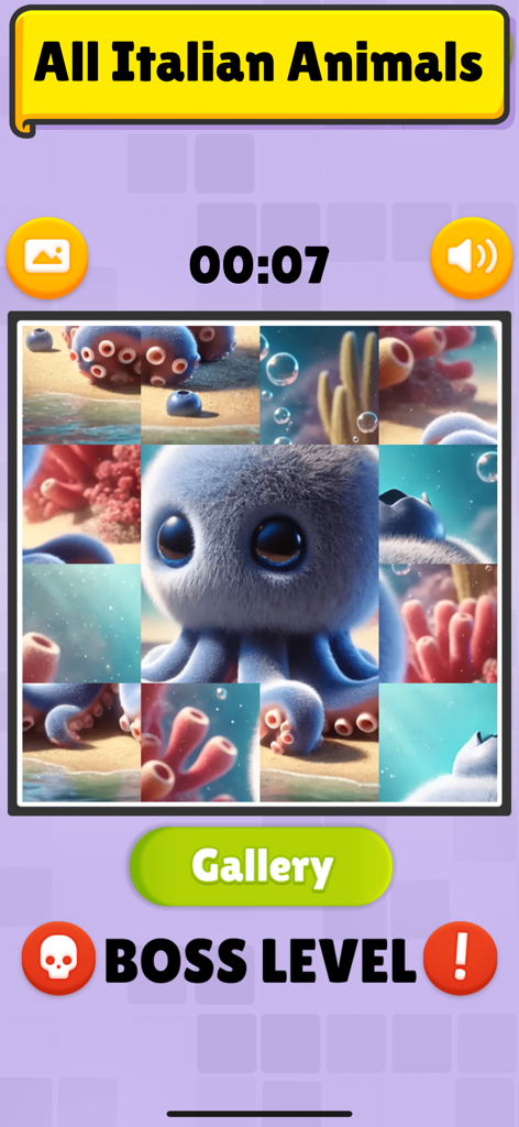 Brainrot Puzzle: Meme Animals - Gameplay do Brainrot Puzzle mostrando um quebra-cabeça de peças de um meme de polvo azul fofo em um nível de chefe.