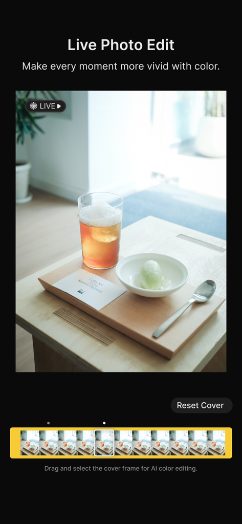 Colorby: AI Photo Color Editor - Interface of the Colorby app showing the Live Photo editing feature with frame selection for AI color grading.