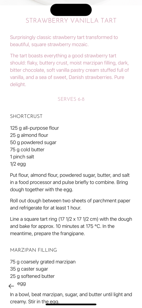 Strawberry vanilla tart recipe screen with ingredients and instructions for shortcrust and marzipan filling