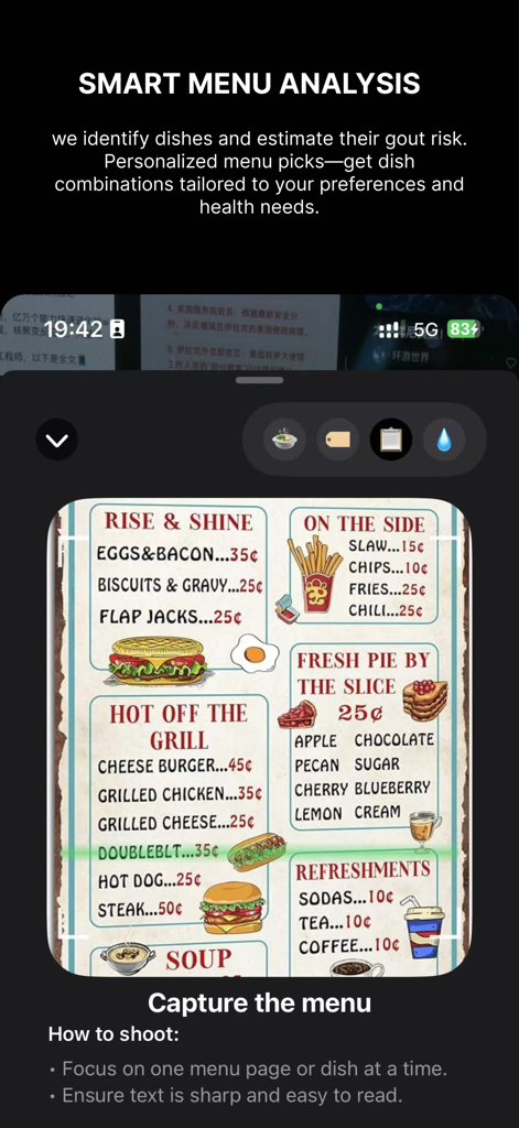 The Gout Radar app scanning a restaurant menu to estimate gout risk and purine levels for better dietary management.