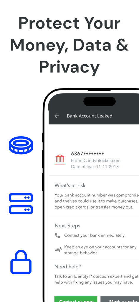 F-Secure Mobile Security - F-Secure app interface showing a bank account leaked notification and security advice