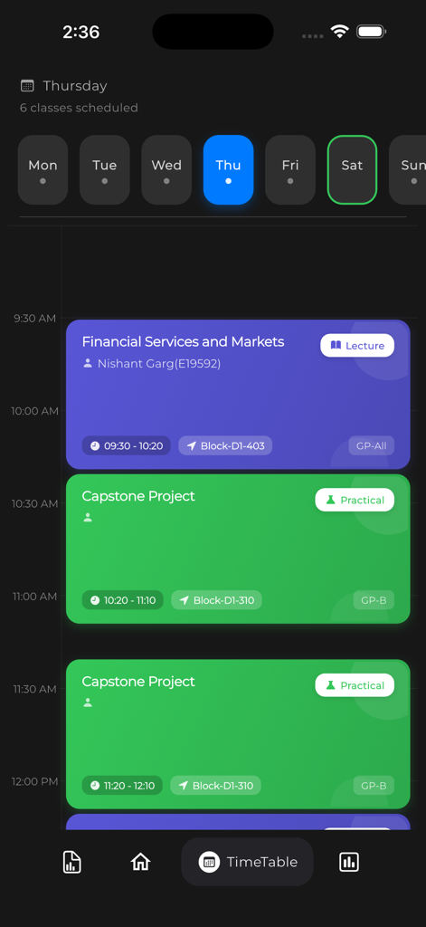 Collegia Academics Manager - A screenshot of the Collegia Academics Manager app showing a color-coded daily class timetable with lectures and practical sessions for a university student