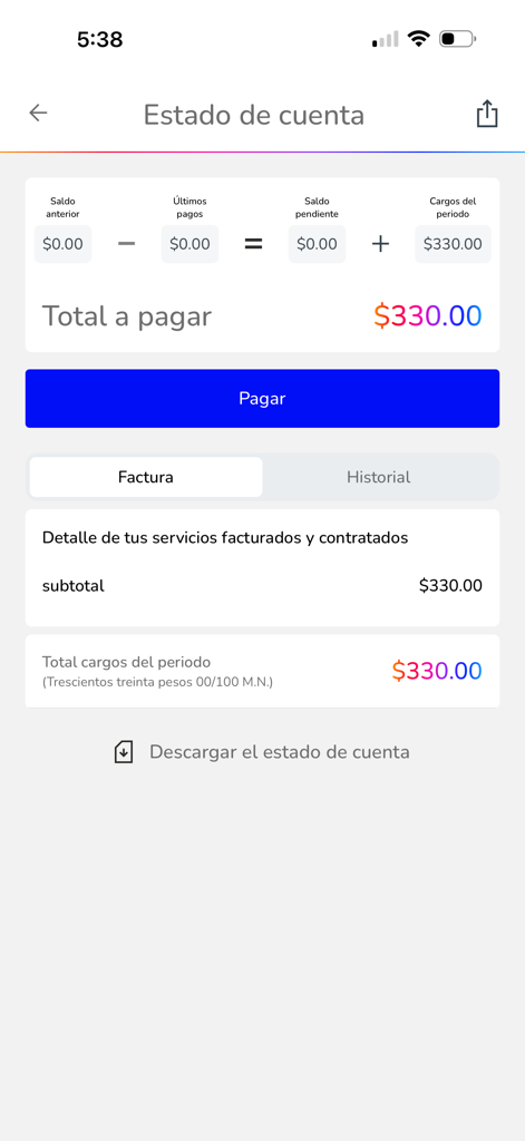 Pantalla de estado de cuenta de facturación de Mi App Sky mostrando el saldo de la cuenta y la opción de pago
