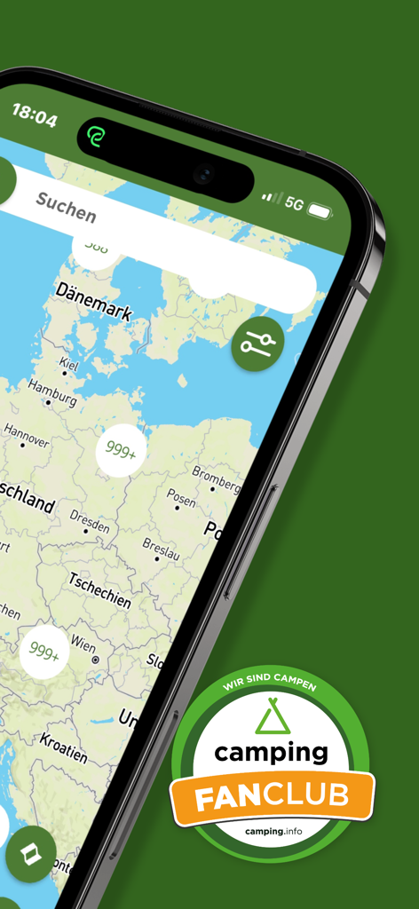 Smartphone screen displaying the camping info app map of Europe with campsite locations and fanclub logo