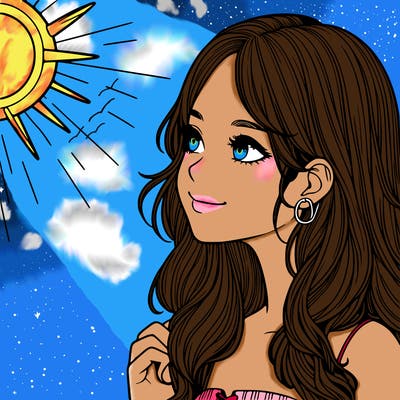 realistic girl looking at the sun