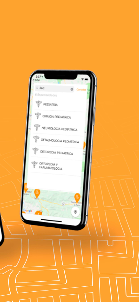 Écran mobile de l'application RobleRed montrant les résultats de recherche pour les spécialités médicales pédiatriques sur une interface cartographique