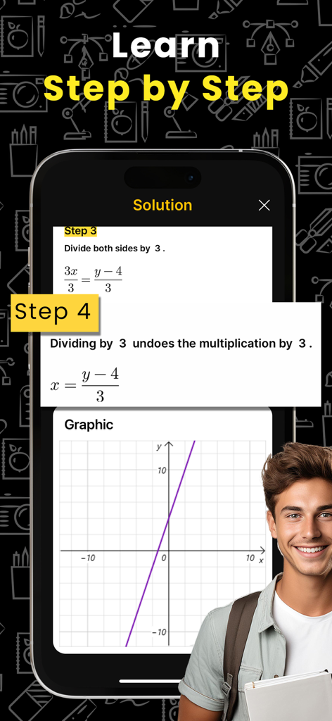 AI Mathアプリが、スマートフォンに代数計算のステップバイステップの解決策と線形グラフを表示