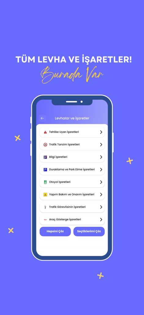 Kolay Ehliyet - Sürücü Eğitimi - Turkish driving education app screen showing categories for traffic signs and road symbols.