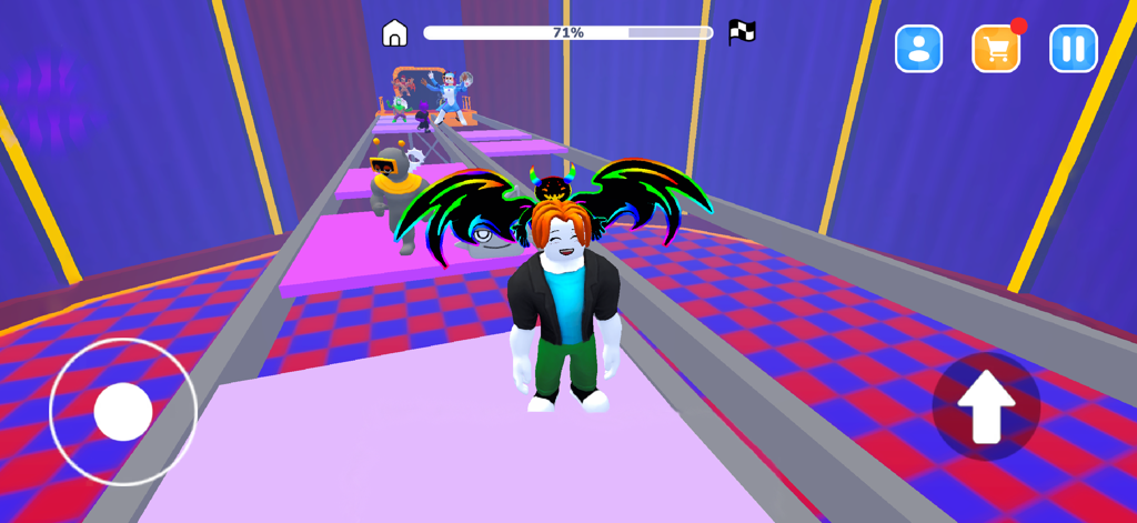 Obby World: Prison Escape - A character with custom rainbow wings navigating a parkour obstacle course in Obby World