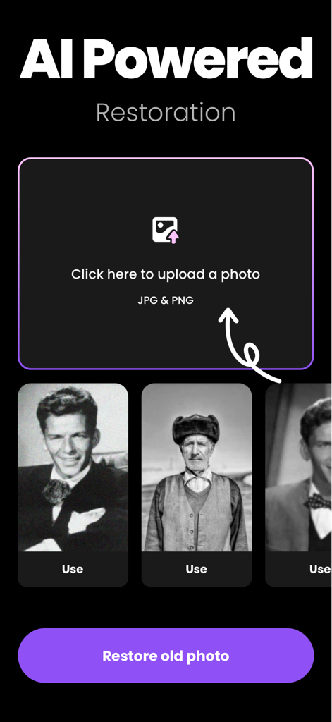 RetroFix AI: Restore Old Photo - RetroFix AI app screen for uploading and restoring old photos using AI
