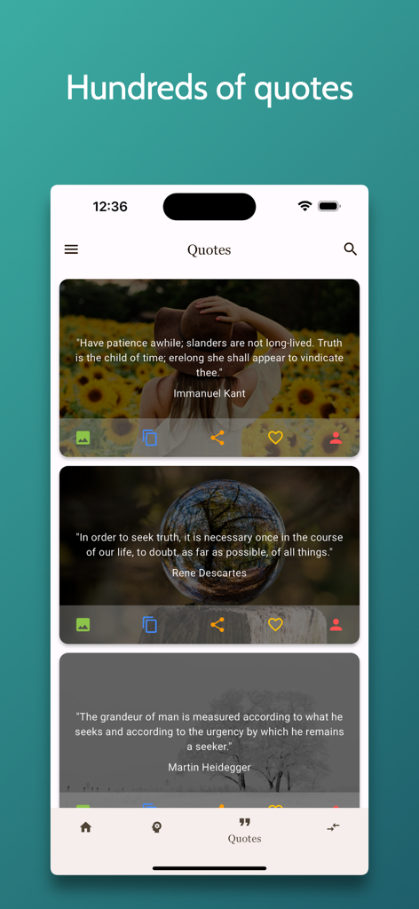 Philosophia - Love of Wisdom - 임마누엘 칸트와 르네 데카르트와 같은 사상가들의 철학적 명언 목록과 아름다운 배경 이미지를 표시하는 필로소피아 앱 스크린샷