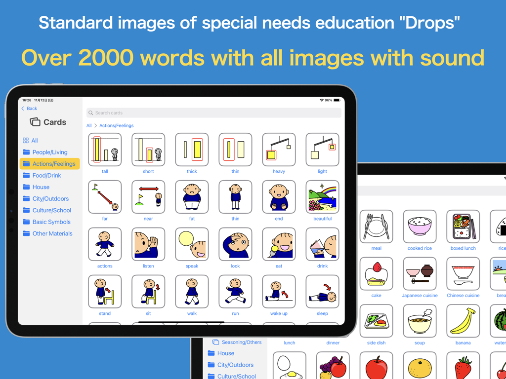 DropKit - iPad screen displaying the DropKit app library featuring various visual communication cards for special needs education with labels like actions and feelings.