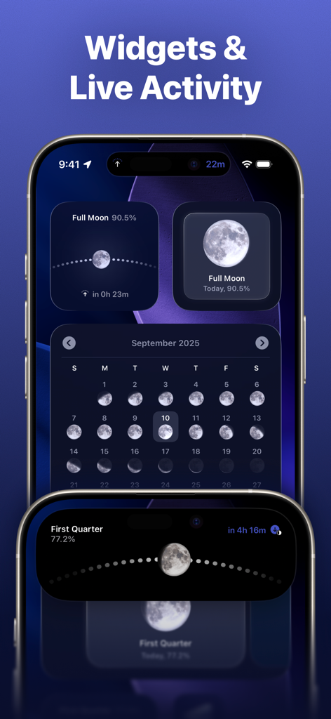 Moonlitt app widgets and Live Activity on iPhone screen showing lunar phases and calendar