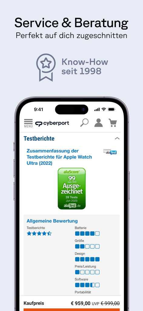 Cyberport mobile app displaying detailed product test reports and ratings for an Apple Watch