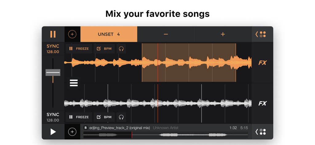 edjing Pro - music remix maker - Interfaz de mezclador de DJ profesional con pantallas de forma de onda dual y controles de sincronización en edjing Pro