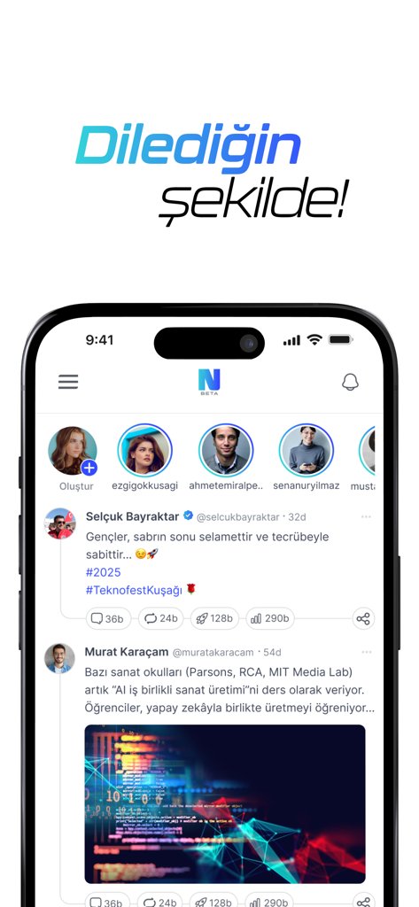NSosyal - Interface mobile de l'application NSosyal montrant un flux multimédia avec des profils d'utilisateurs et des publications
