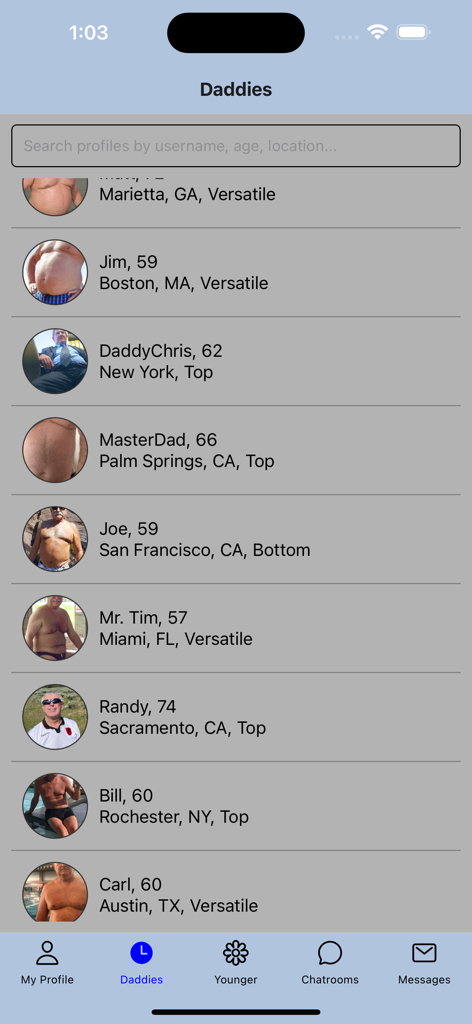 Gay Older Men Chat - A list of older gay men profiles showing names, ages, and locations in the app.