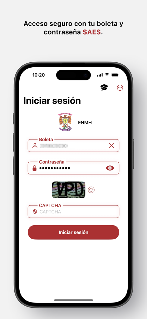SAES for Studentsアプリのログイン画面。学生ID、パスワード、キャプチャのフィールドがあります
