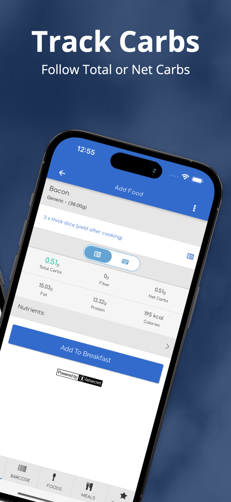 My Keto Low Carb Macro Tracker - Smartphone screen showing the My Keto app tracking net carbs and macros for a food entry