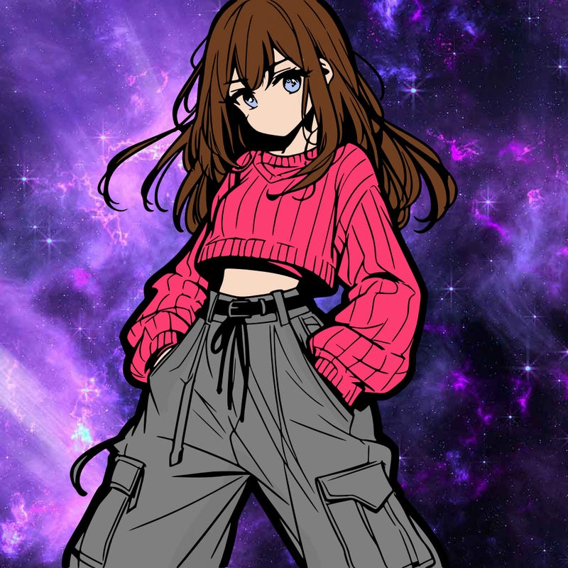 anime teen girl with baggy pants and crop top with sweater