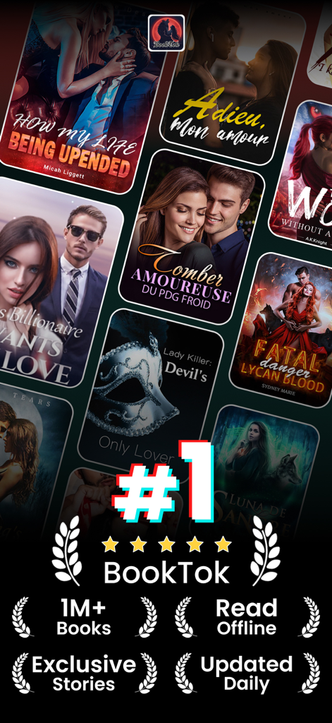 BookTok：Reading Novel & eBook - Promotional screen for BookTok app showing romance novel covers with features like offline reading and exclusive stories