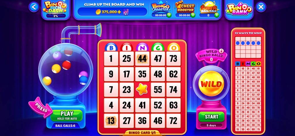 Double Rich！Vegas Casino Slots - Interfaz de juego de Bingo con una tarjeta de bingo de 5x5 y un llamador de bolas colorido en la aplicación ¡Doble de Suerte! Slots de Casino de Las Vegas.