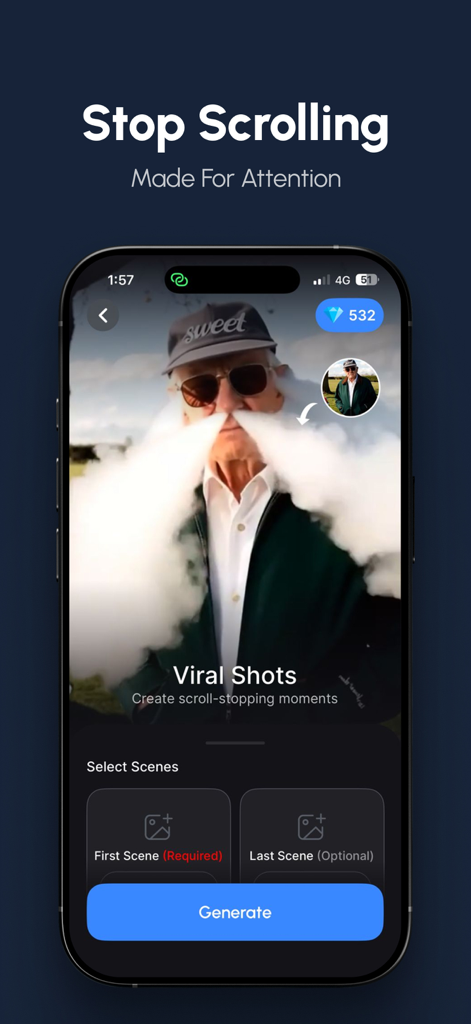 Smartphone interface of BeGen AI Video Generator for creating viral social media content.