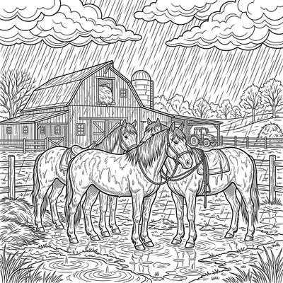 Experience the charm of a farm on a drizzly day with this delightful coloring page featuring sturdy farm horses. Dive into a scene of gentle rain, reflective puddles, and a classic barn, perfect for a relaxing coloring session.