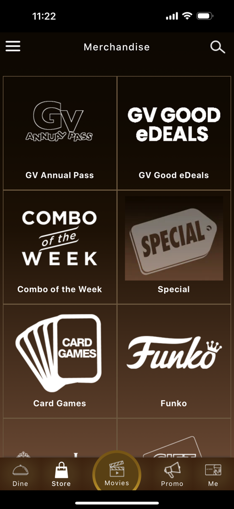 A seção de mercadorias do aplicativo iGV exibindo categorias como Passe Anual GV, e-ofertas, combo da semana e colecionáveis Funko.