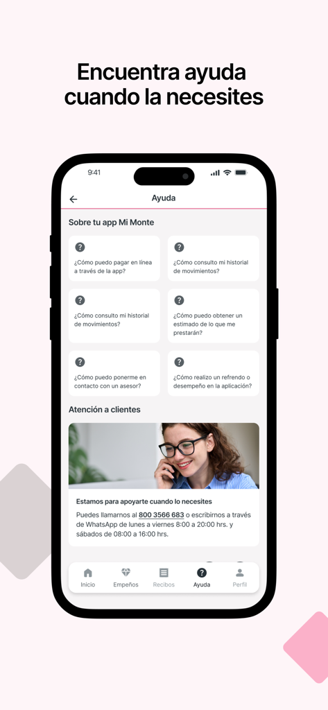 Mi Monte - Mi Monte app help screen showing FAQ and customer service contact information
