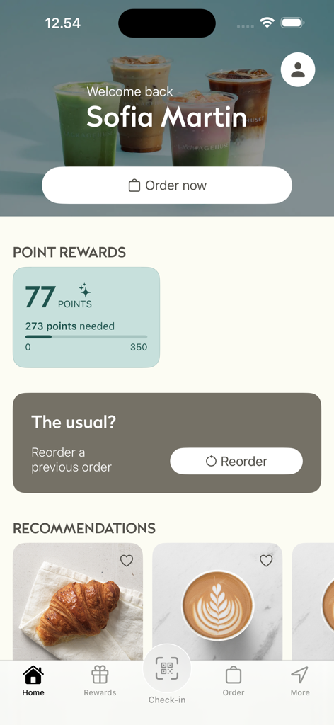 Écran d'accueil de l'application Ole and Steen affichant le solde des points de fidélité de l'utilisateur et l'option de commande rapide