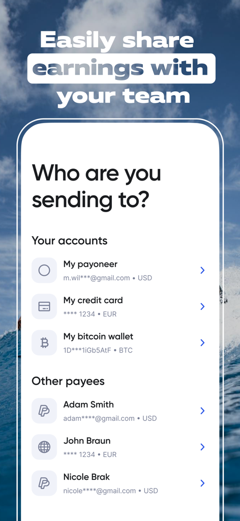 MilX: Finance hub for bloggers - MilX app interface showing options to share earnings with team members and transfer to linked accounts like Payoneer and Bitcoin wallets.